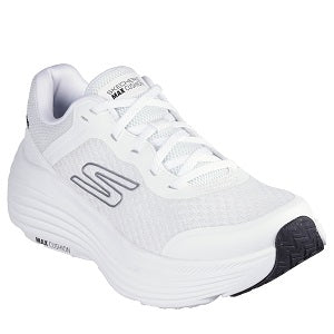 White athletic shoe with black sole on a white background