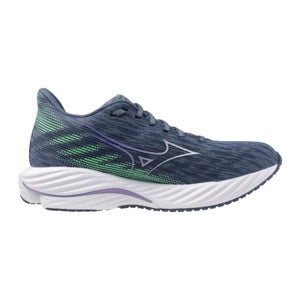 Blue running shoe with a white sole on a white background