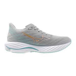 Gray running shoe with a white sole on a white background