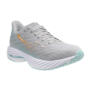 Gray running shoe with a brand logo on a white background