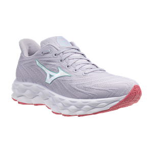 Gray running shoe with a red sole on a white background