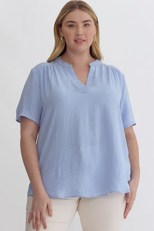 Plus Short Sleeve V-Neck Top - light blue