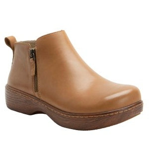 Brown ankle boot with a zipper on a white background