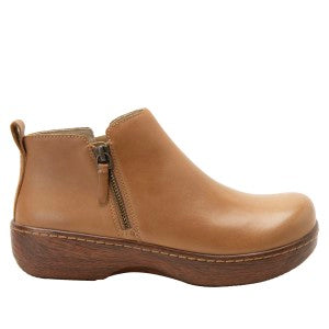 Brown leather ankle boot with a zipper on a white background