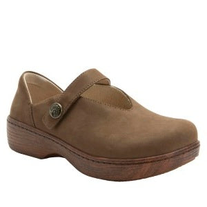 Brown shoe with a strap on a white background