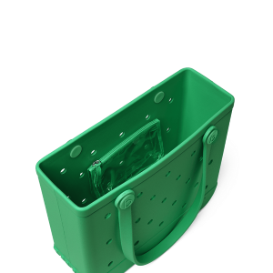 Green plastic tool holder with multiple compartments on a white background