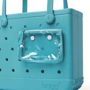 Teal bag with a clear pocket on a white background