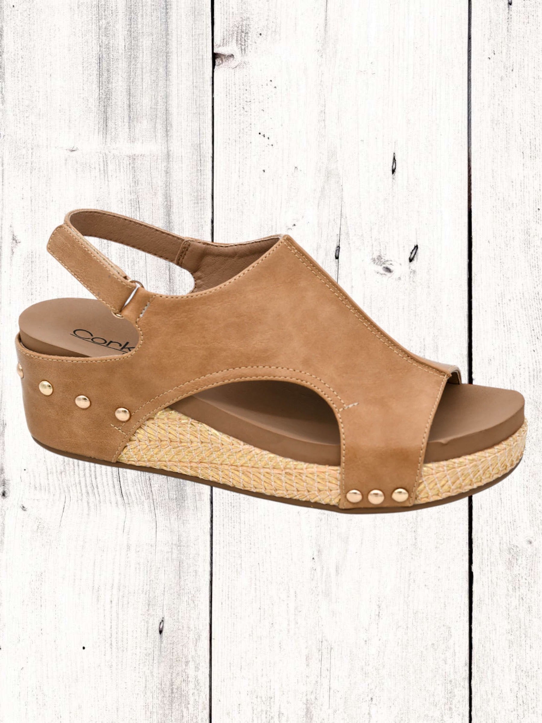 women's studded, cushioned sandal with raffia wrapped wedge