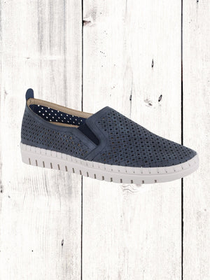 A navy perforated sneaker with a lightweight white sole, featuring twin gores for fit.