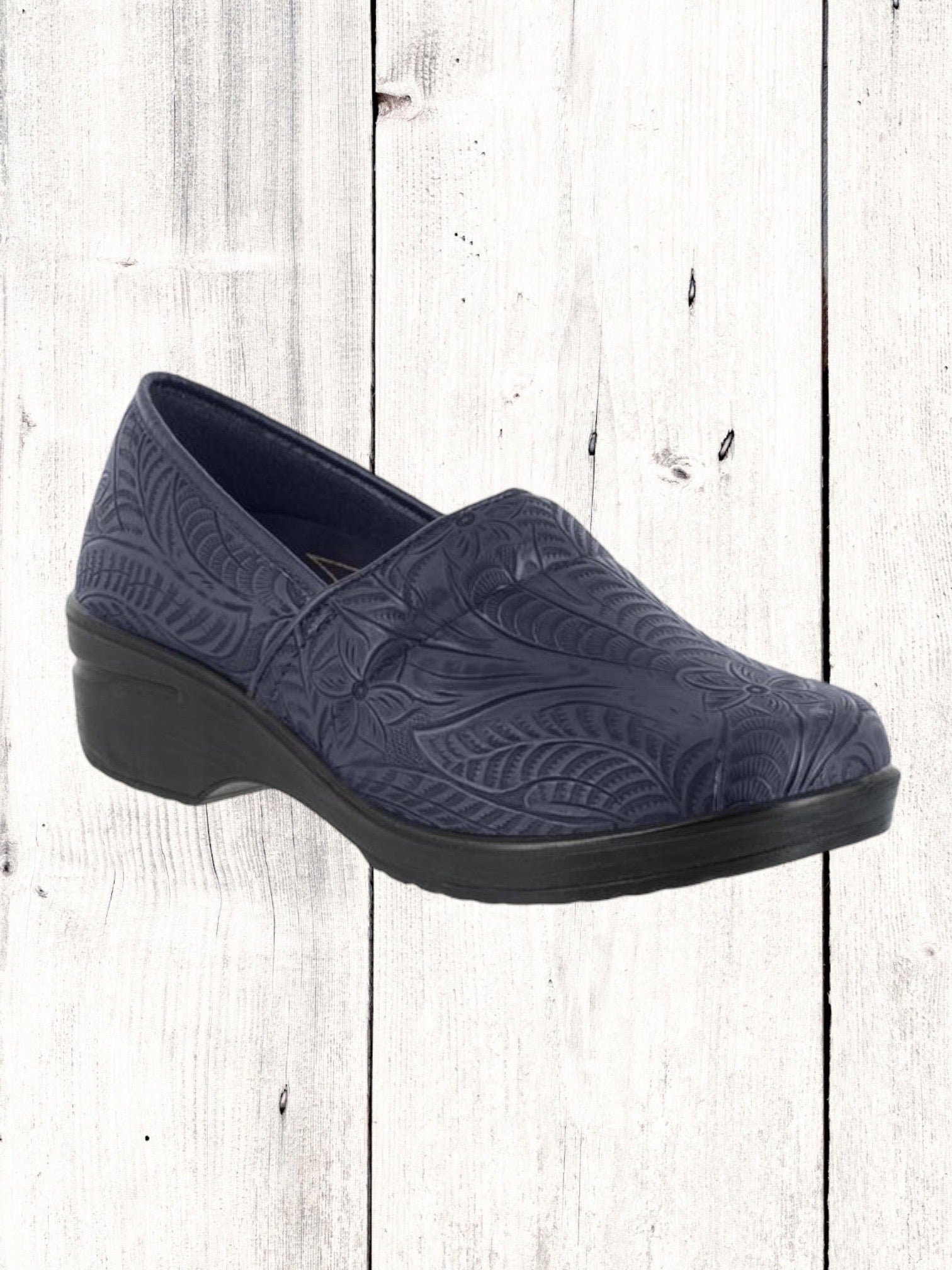 A black work clog shoe with a slip-resistant rubber outsole, designed by Easy Street.