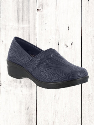 A black work clog shoe with a slip-resistant rubber outsole, designed by Easy Street.