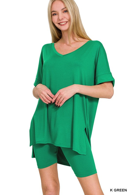 Plus V-Neck Hi-Low Hem Short Set