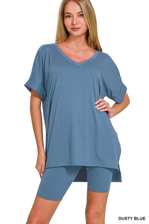 women's dusty blue comfort biker short set