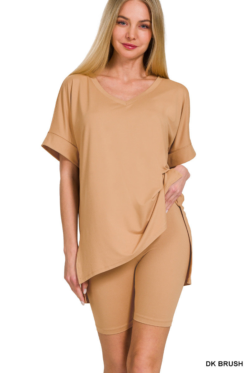 V-Neck Hi-Low Hem Short Set