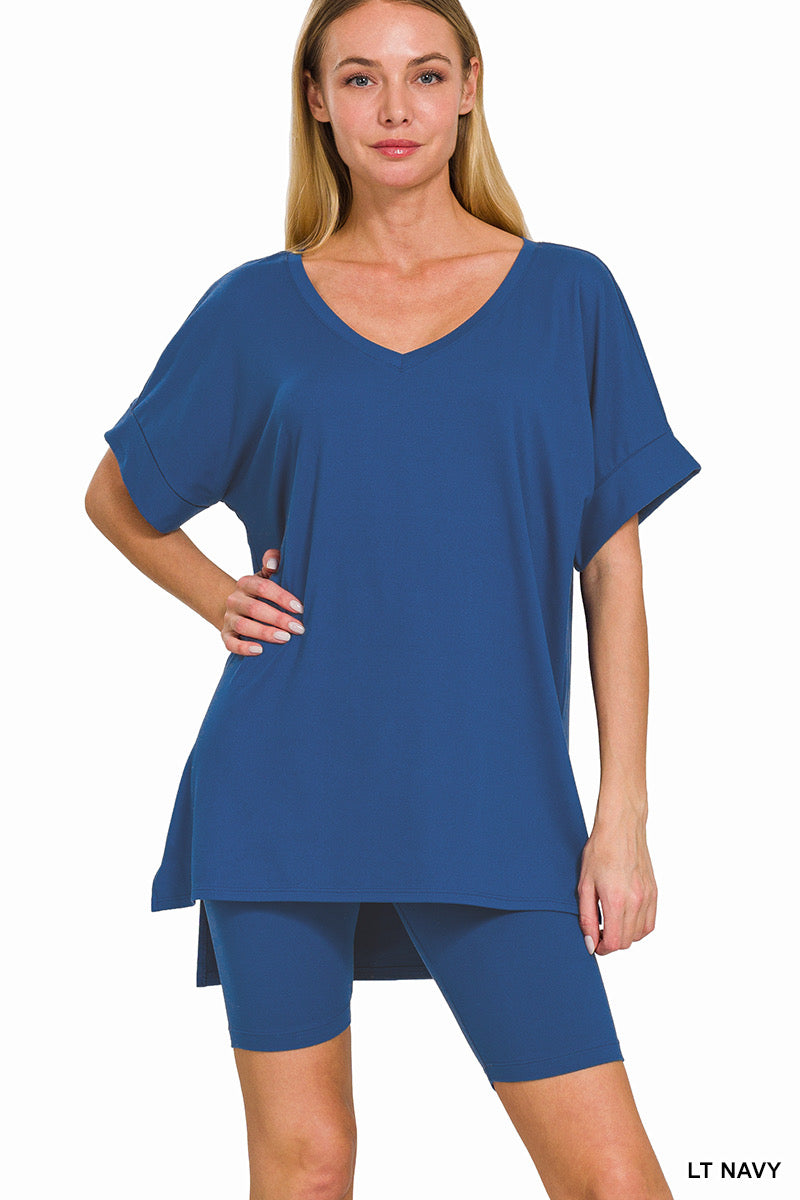 V-Neck Hi-Low Hem Short Set