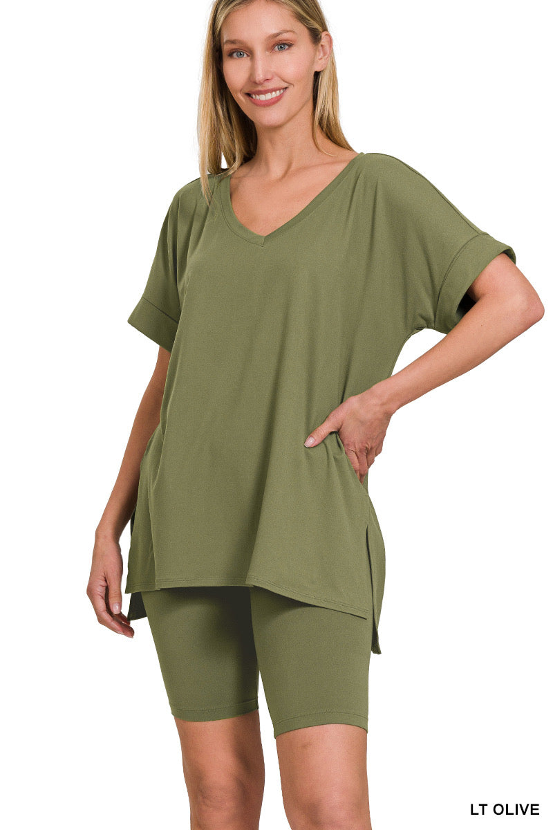 V-Neck Hi-Low Hem Short Set