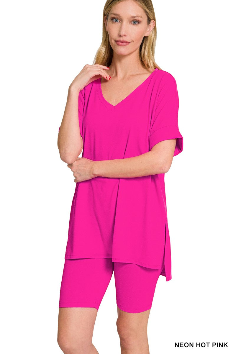 V-Neck Hi-Low Hem Short Set