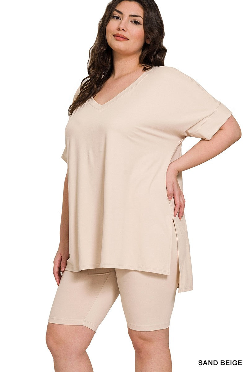 V-Neck Hi-Low Hem Short Set