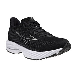 Black running shoe with white sole on a white background