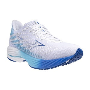White and blue running shoe on a white background
