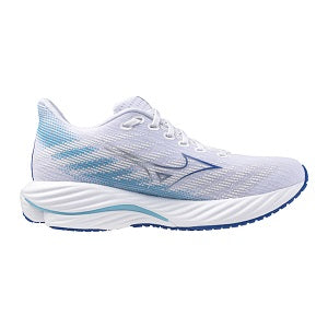 White running shoe with blue accents on a white background