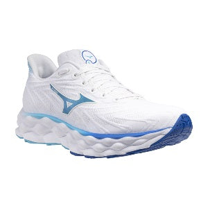White running shoe with blue accents on a white background
