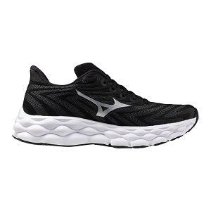 Black running shoe with white sole on a white background