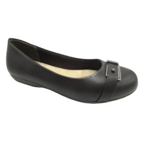 Black flat shoe with a small decorative buckle on a white background