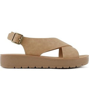 Beige sandal with a buckle on a white background