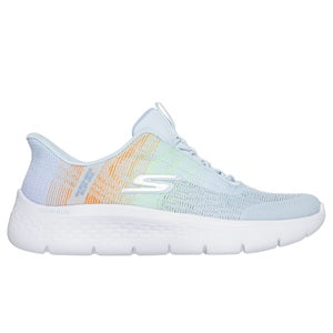 Light blue sneaker with a colorful sole on a white background