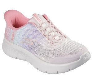 Pink and white sneaker with pastel mesh design on a white background