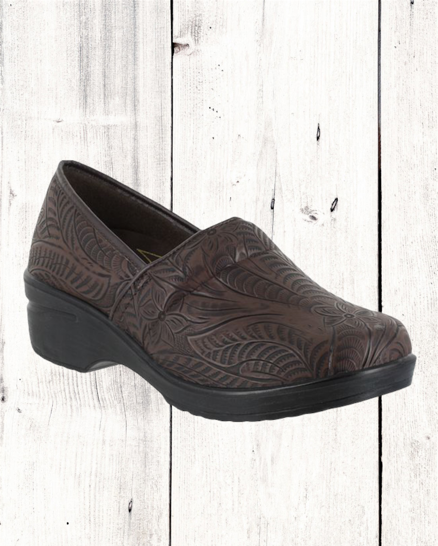 A black work clog shoe with a slip-resistant rubber outsole, designed by Easy Street.