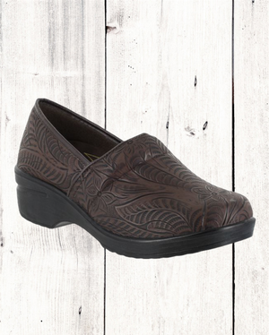 A black work clog shoe with a slip-resistant rubber outsole, designed by Easy Street.