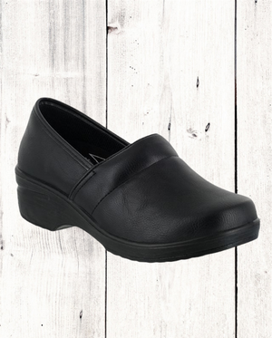 A black work clog shoe with a slip-resistant rubber outsole, designed by Easy Street.