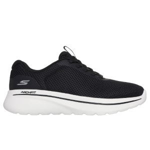 Black running shoe with white sole on a white background