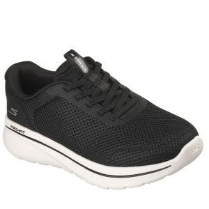 Black athletic shoe with white sole on a white background