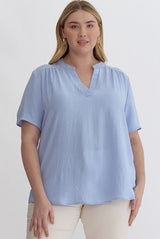 Plus Short Sleeve V-Neck Top - light blue