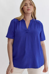Plus Short Sleeve V-Neck Top - royal blue