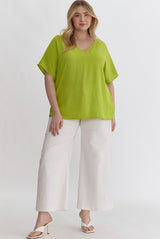 Plus Short Sleeve Asymmetrical Neckline Top - Neon Lime