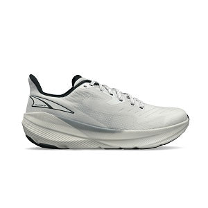 White running shoe with black accents on a white background