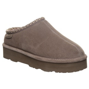 Brown slipper with fuzzy trim on a white background