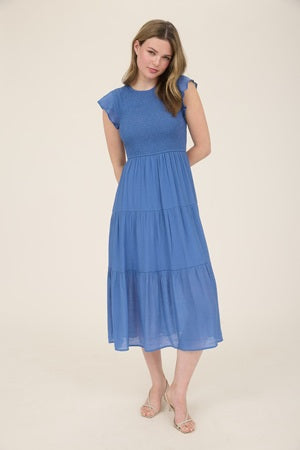 Smocked Midi Dress - blue