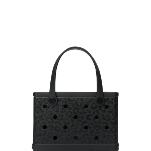 Black handbag with a geometric pattern on a white background