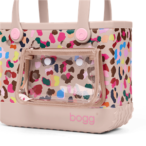 Multicolored patterned bag with 'bogg' branding on a beige background