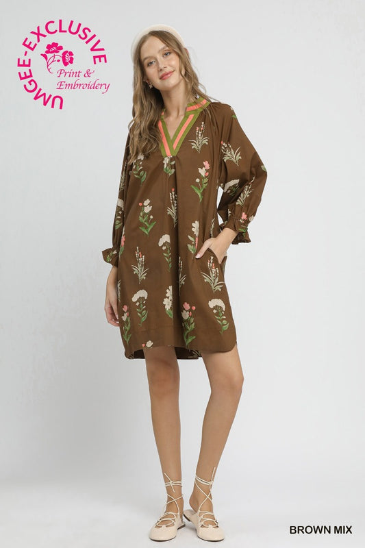 Umgee Floral Tunic Dress with Contrast Trim