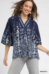 Umgee Floral Vine Print Balloon Sleeve Blouse