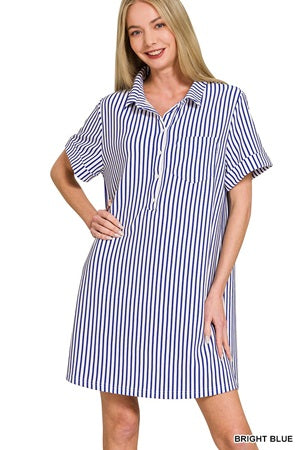 Zenana Striped Collared 1/2 Button T-Shirt Dress