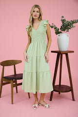 V-Neck Flutter Sleeve Dress