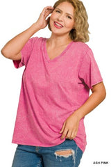 Zenana Plus Washed Short Sleeve V-Neck Top