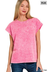 Zenana Plus Halo Washed Cuffed Short Sleeve Tee
